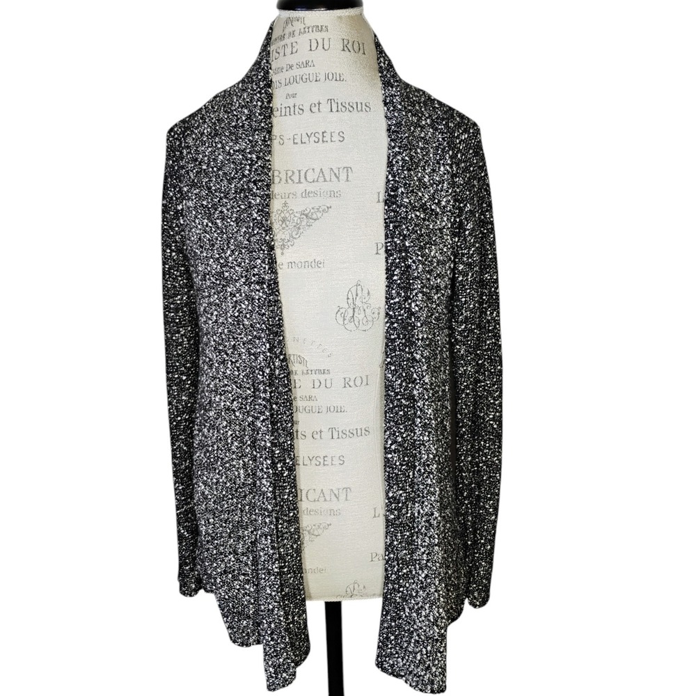 Eileen Fisher Cardigan Sweater Womens Small Black White Boucle Open Front Cotton